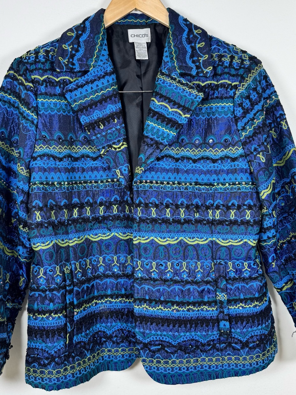 Chicos Embroidery & Rhinestones Blue Cotton Jacket Women’s 1 Or An 8 10 Bohemian